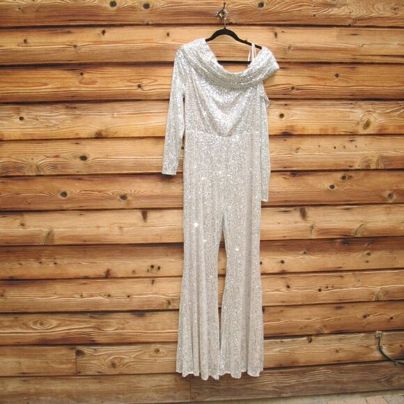 NWT Mac Duggal SEQUINED DROP SHOULDER LONG SLEEVE JUMPSUIT - Picture 5 of 14